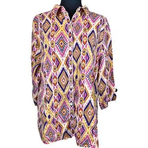 CHICO'S ☆ 100% Linen Ikat Print Button Back Shirt